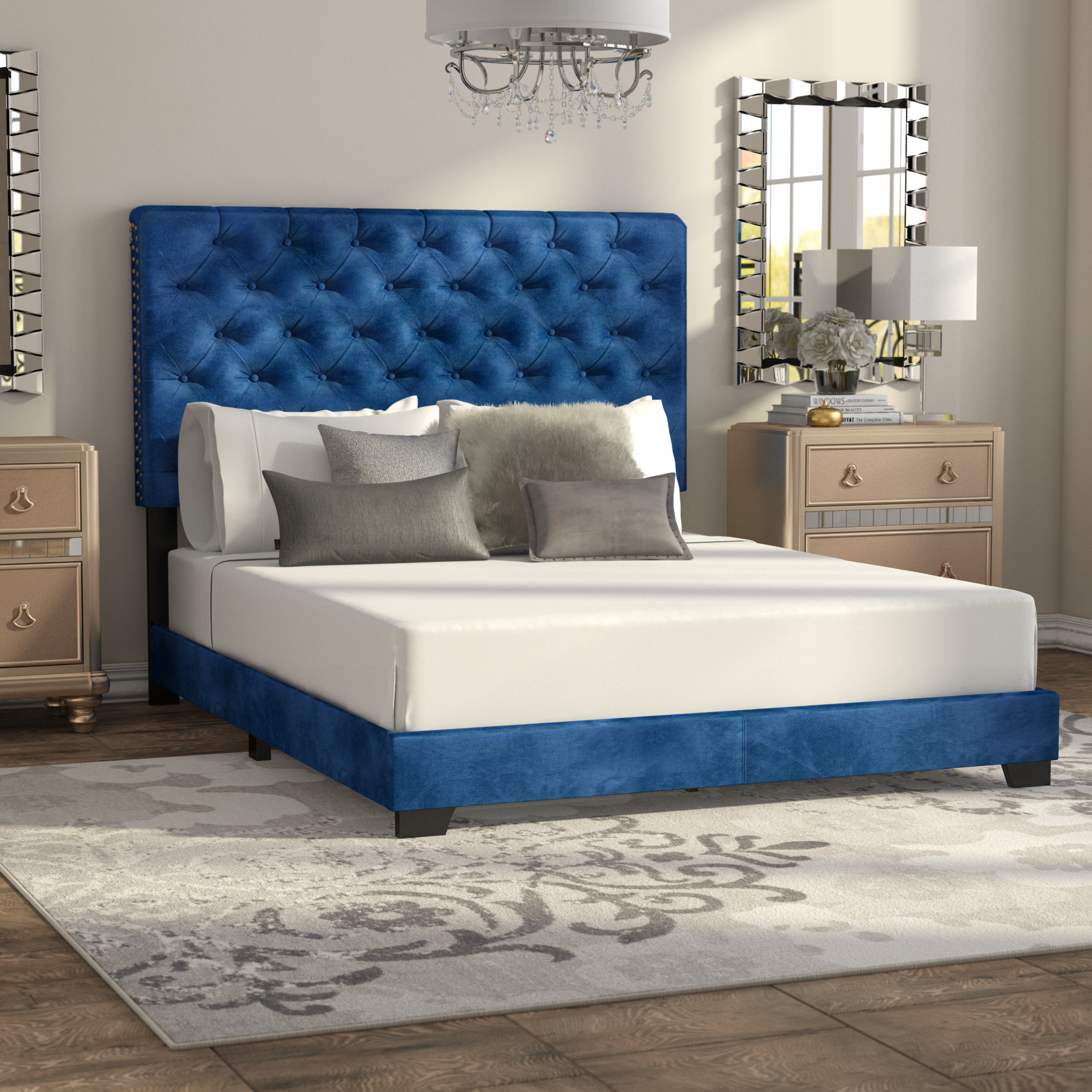 Volk Upholstered Standard Bed House of Hampton Color Navy Blue Size King